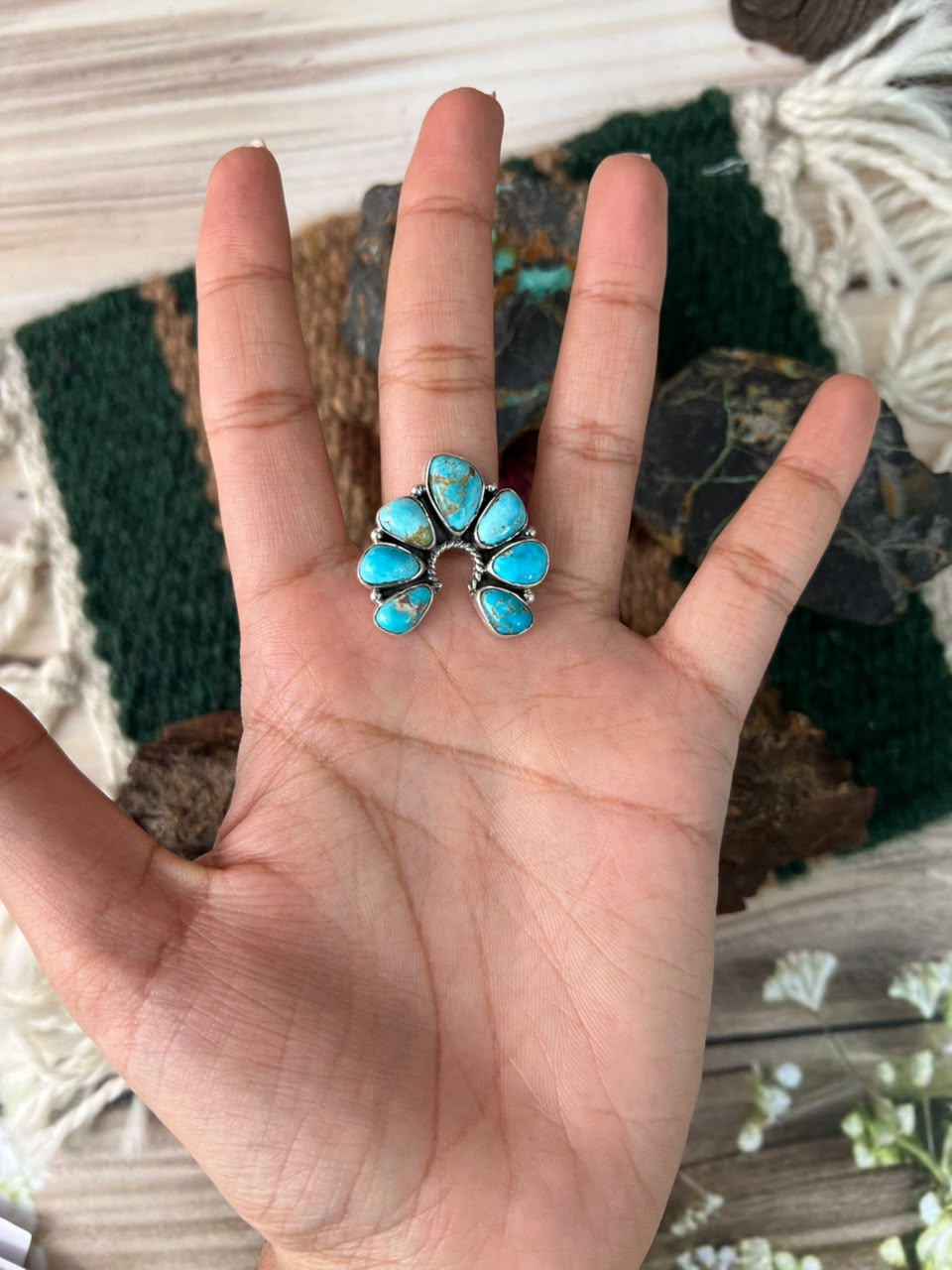 Handmade Sterling Silver Sierra Bella Turquoise Naja Adjustable Ring Signed Nizhoni