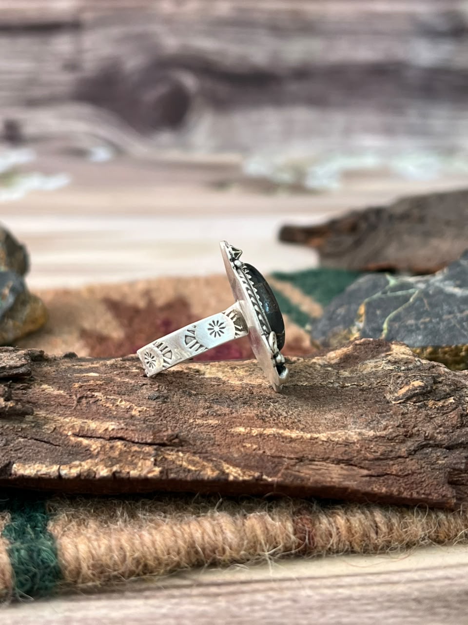 Handmade Sterling Silver Blackjack Turquoise Adjustable Ring Signed Nizhoni