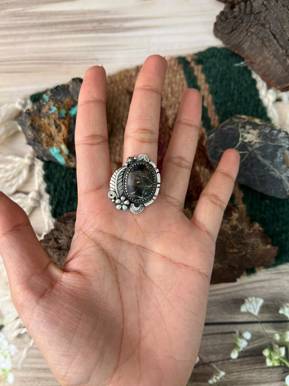 Handmade Sterling Silver Blackjack Turquoise Adjustable Ring Signed Nizhoni