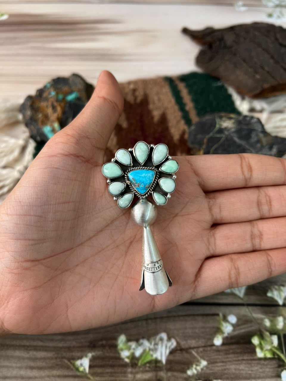 Handmade Sterling Silver Paloma with Sierra Bella Turquoise Squash Blossom Pendant Signed Nizhoni