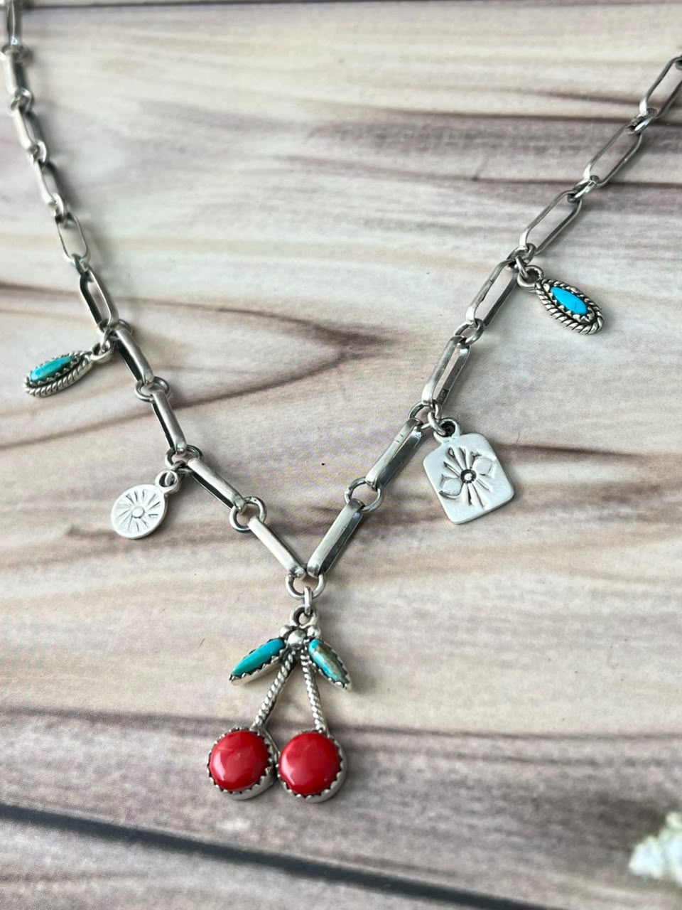 Handmade Sterling Silver Kingman Turquoise with Rosarita Cherry Necklace Signed Nizhoni