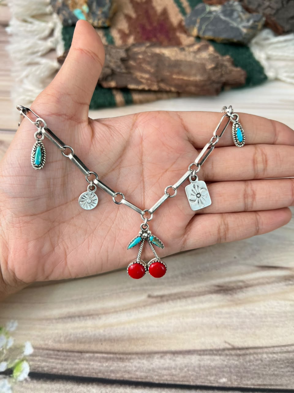 Handmade Sterling Silver Kingman Turquoise with Rosarita Cherry Necklace Signed Nizhoni