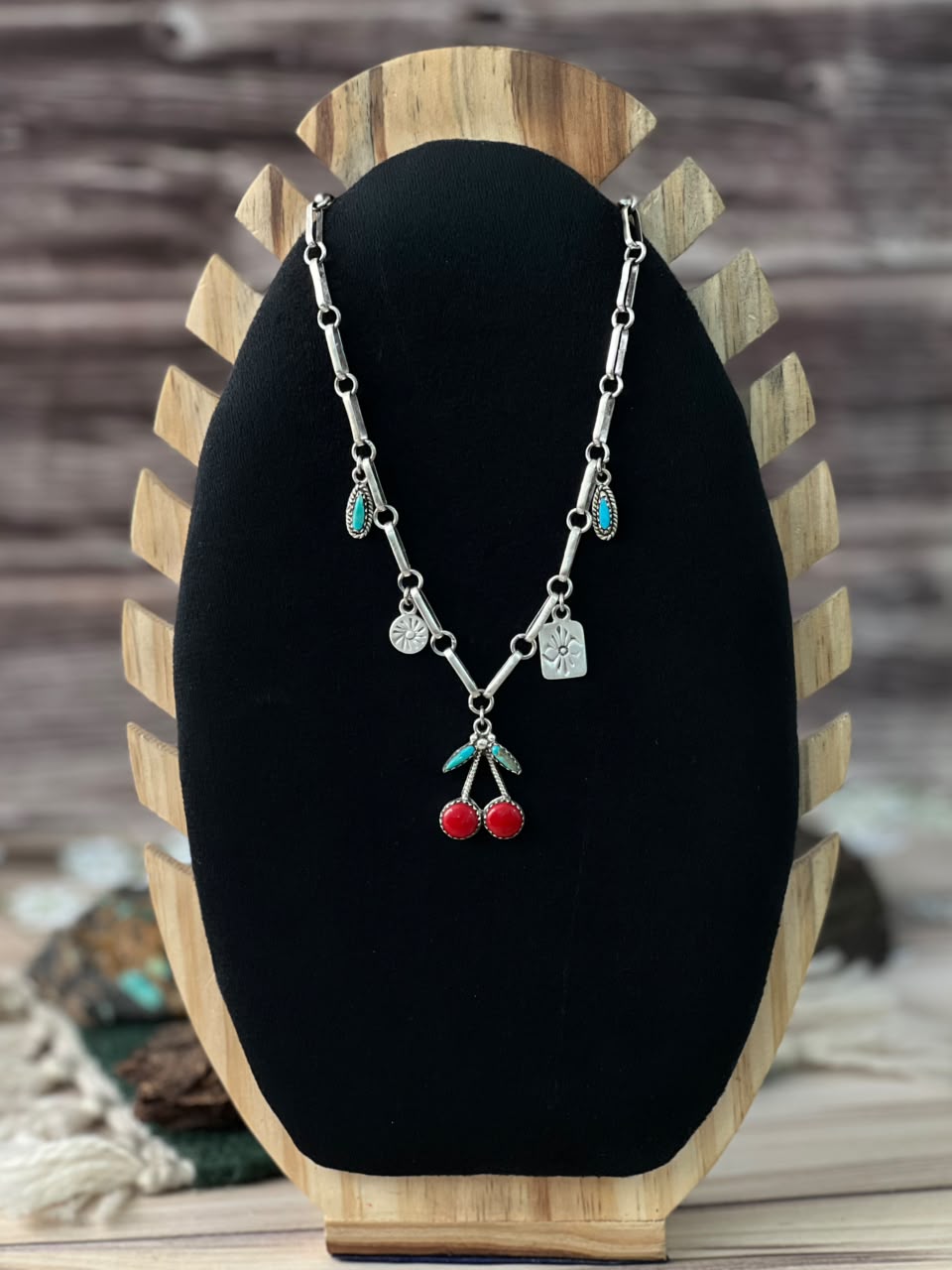 Handmade Sterling Silver Kingman Turquoise with Rosarita Cherry Necklace Signed Nizhoni