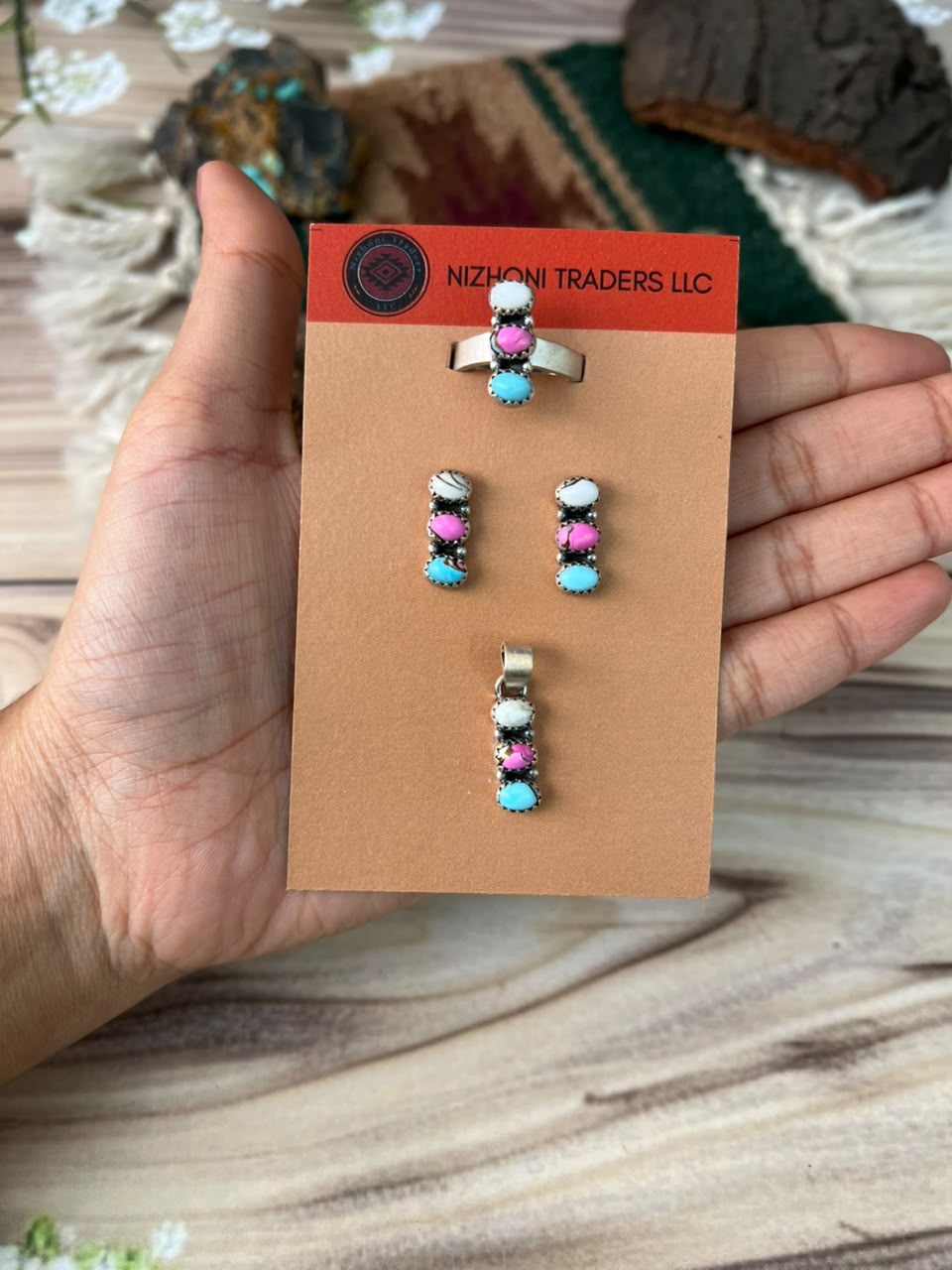 Handmade Sterling Silver Cotton Candy Ring Earrings and Pendant Card Set (2)