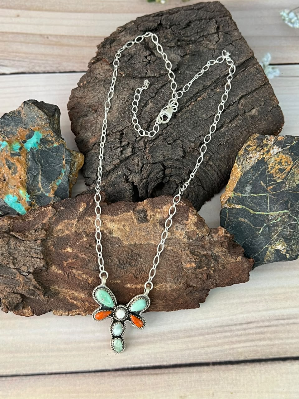 Handmade Sterling Silver Paloma Turquoise with Orange Mojave and White Buffalo Necklace Signed Nizhoni