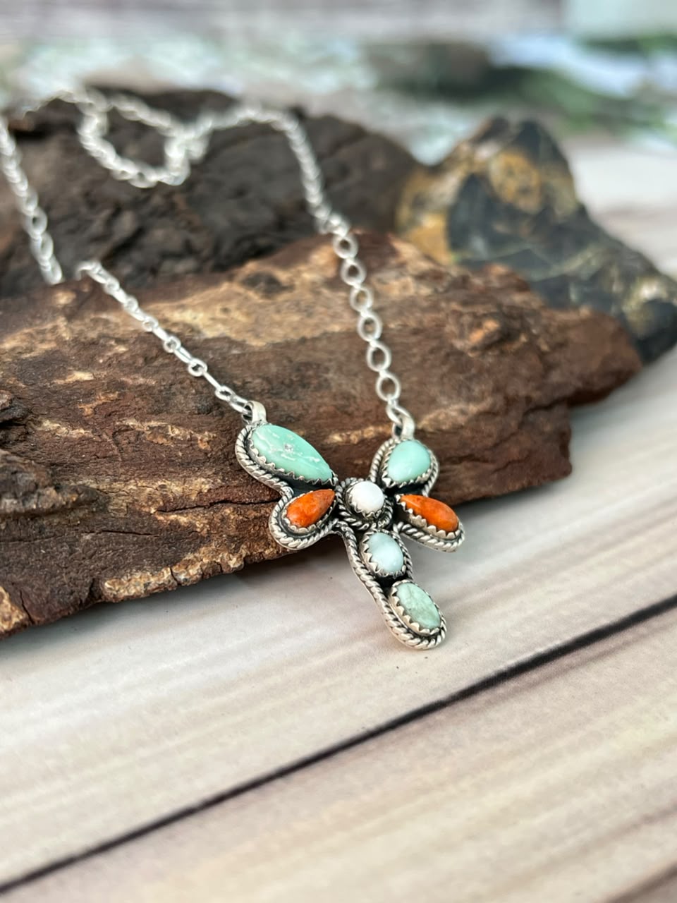Handmade Sterling Silver Paloma Turquoise with Orange Mojave and White Buffalo Necklace Signed Nizhoni