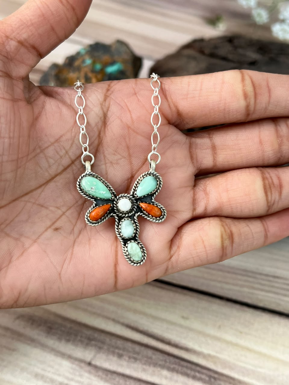 Handmade Sterling Silver Paloma Turquoise with Orange Mojave and White Buffalo Necklace Signed Nizhoni