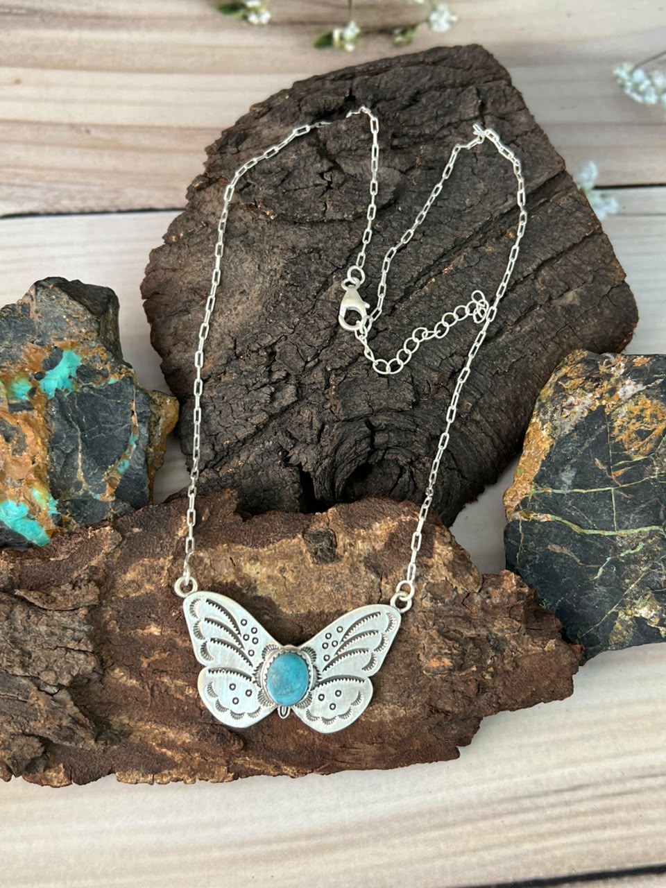 Handmade Sterling Silver Kingman Turquoise Butterfly Necklace Signed Nizhoni
