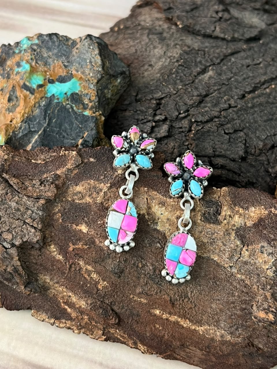 Handmade Sterling Silver Cotton Candy Cobble Stone Post Dangle Earrings Signed Nizhoni