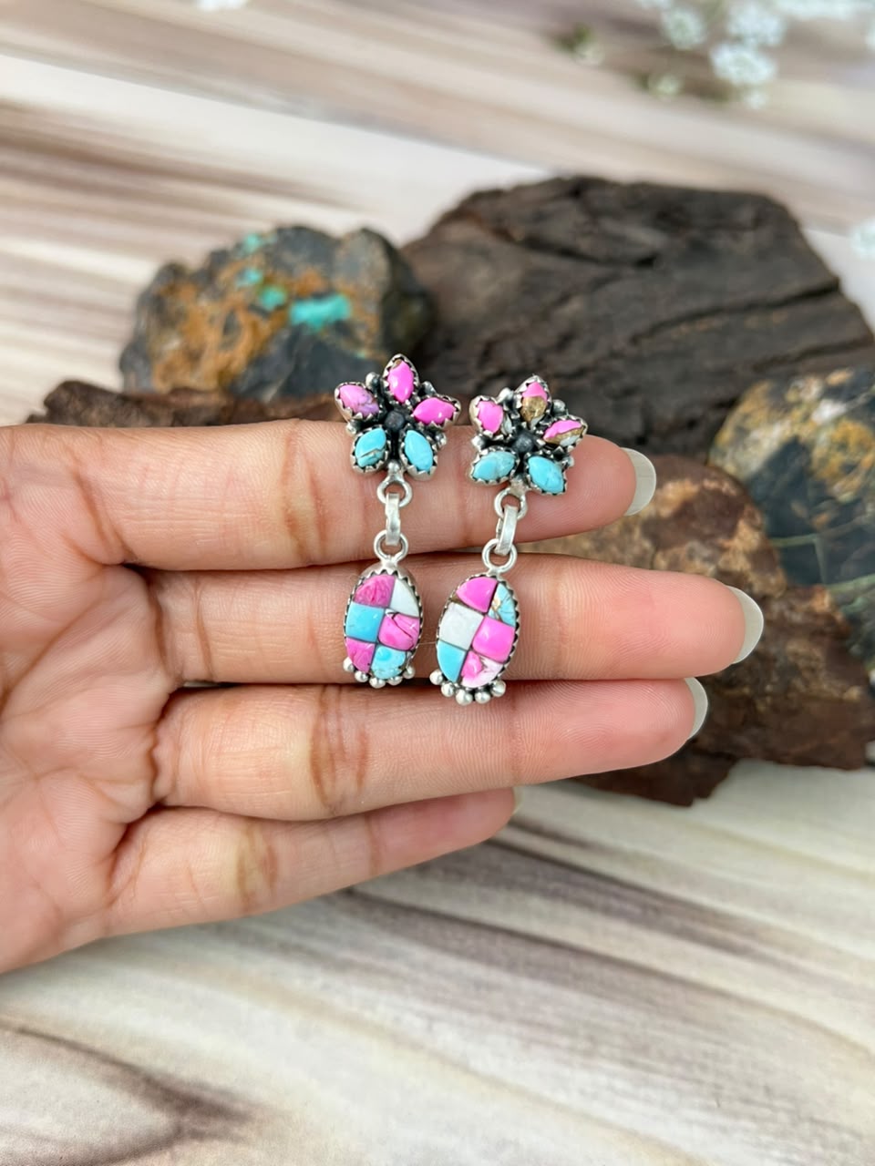 Handmade Sterling Silver Cotton Candy Cobble Stone Post Dangle Earrings Signed Nizhoni