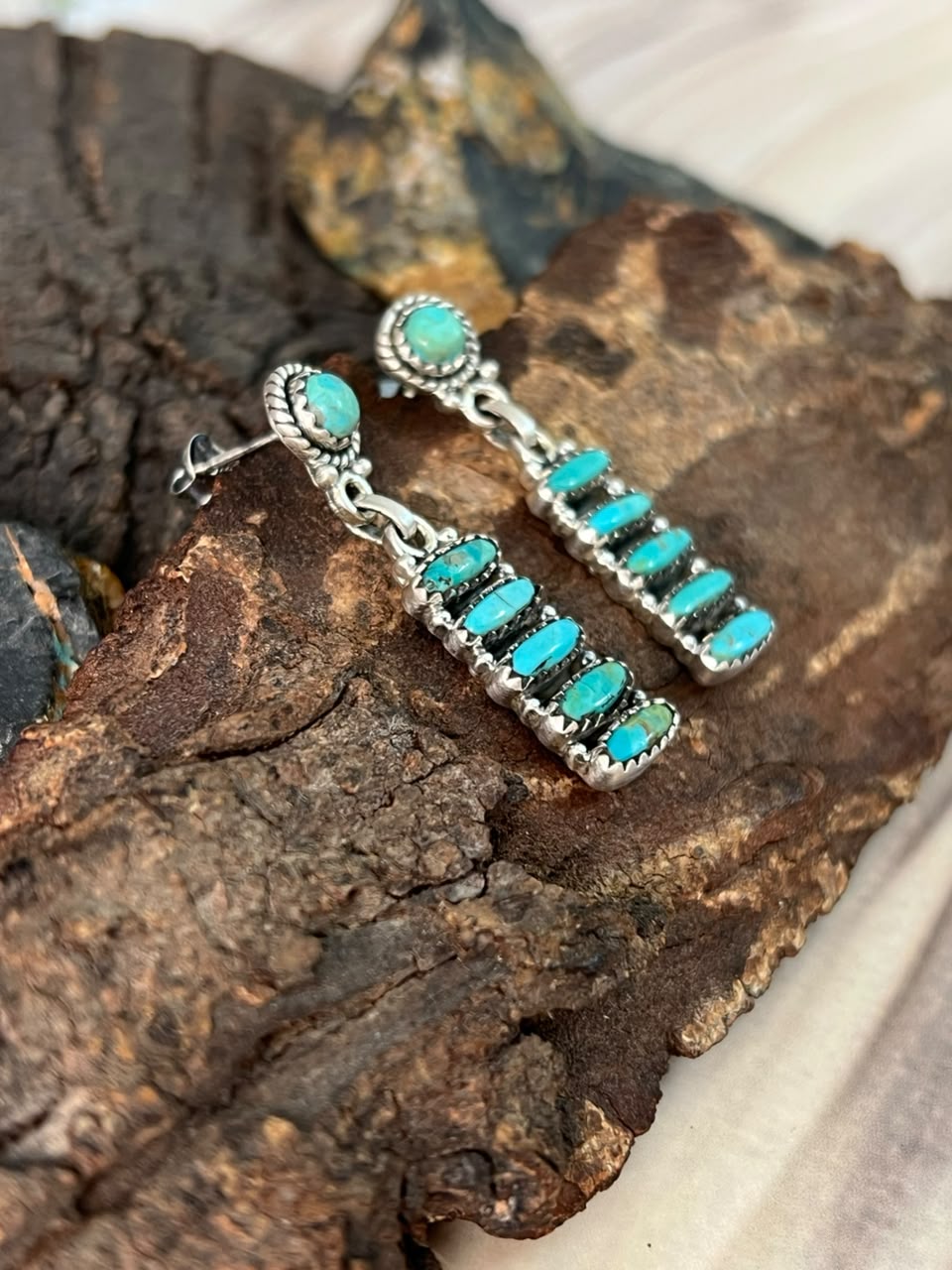 Handmade Sterling Silver Kingman Turquoise Post Dangle Earrings Signed Nizhoni