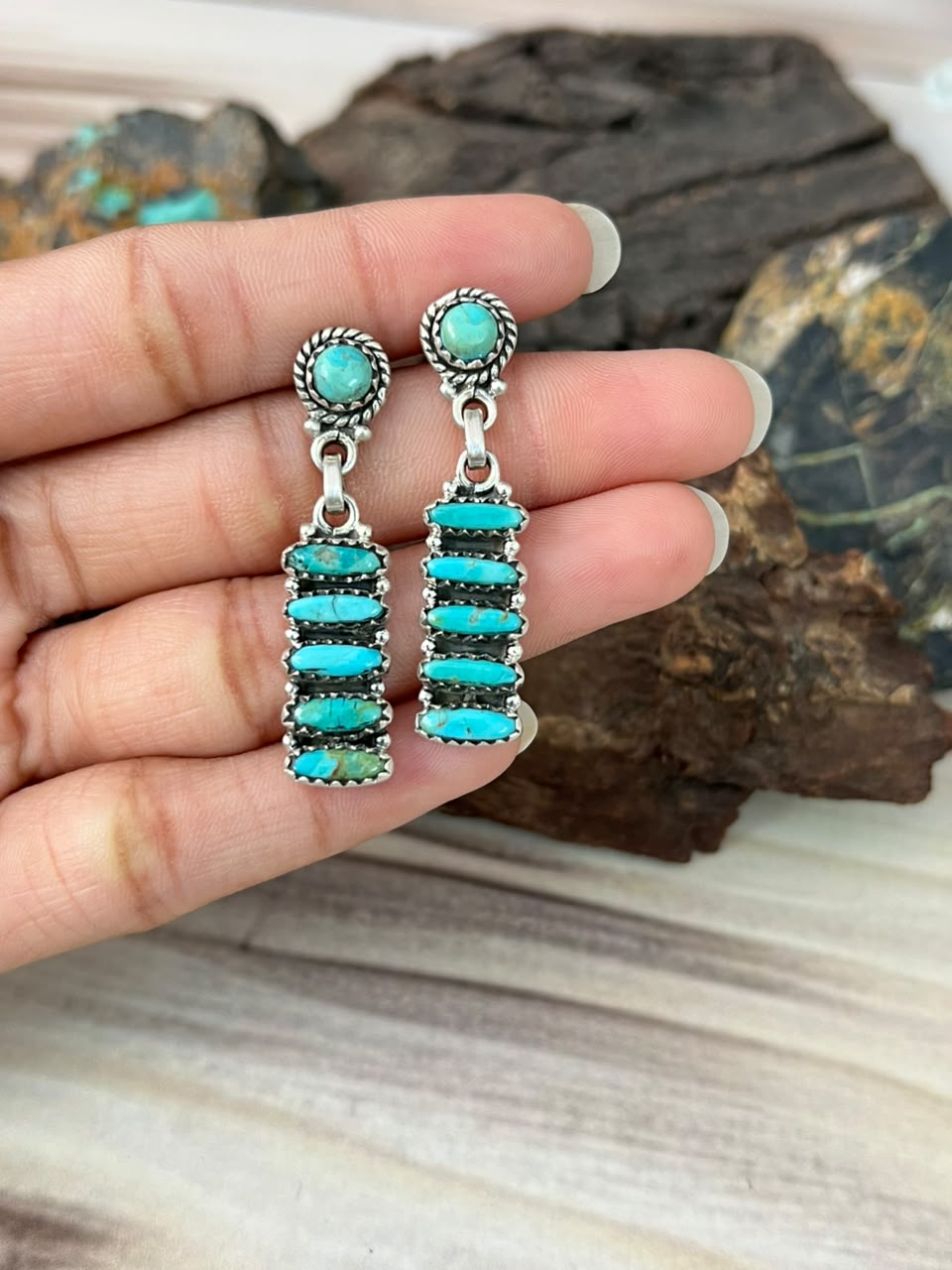 Handmade Sterling Silver Kingman Turquoise Post Dangle Earrings Signed Nizhoni