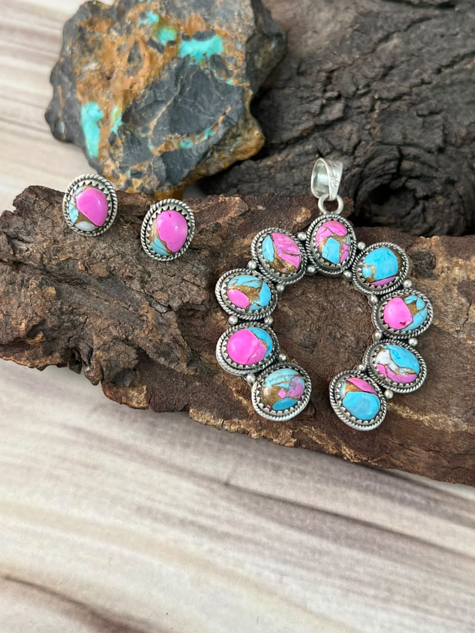 Handmade Sterling Silver Cotton Candy Earrings and Naja Pendant Set Signed Nizhoni