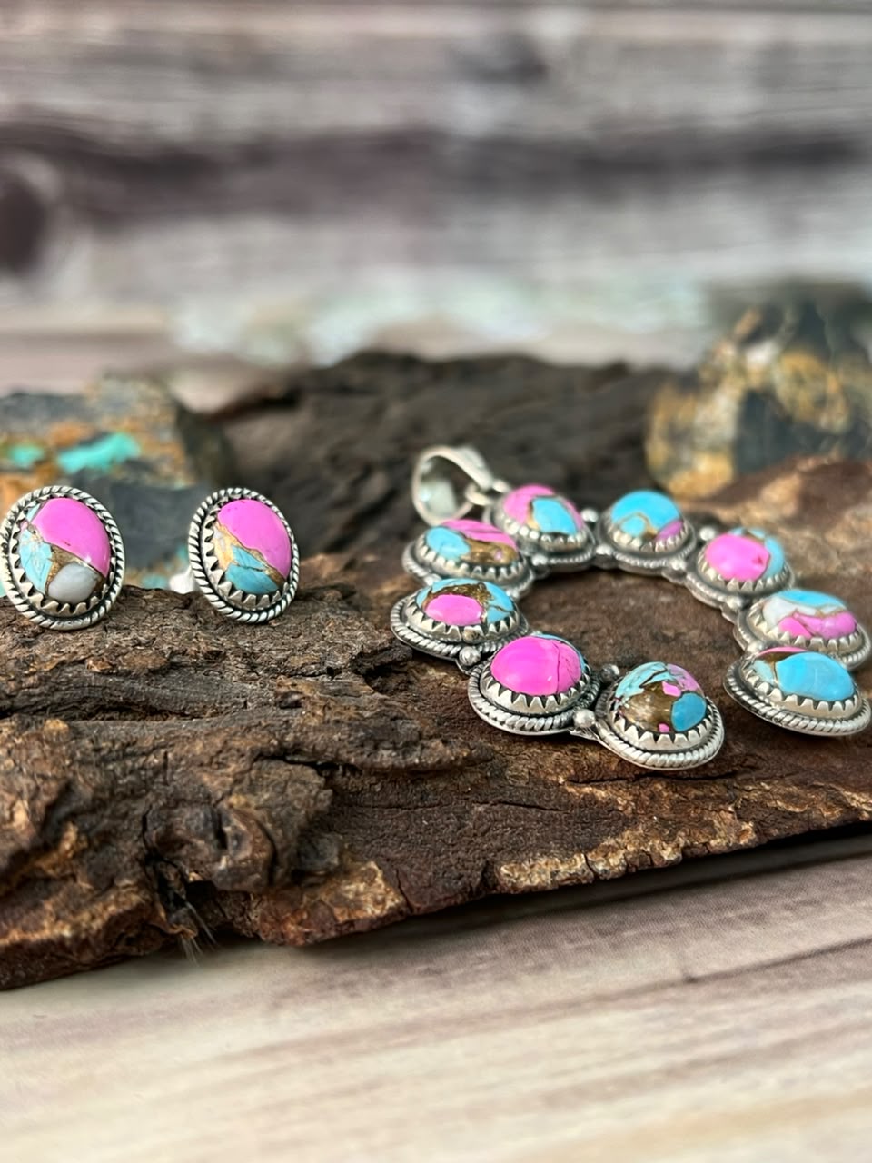 Handmade Sterling Silver Cotton Candy Earrings and Naja Pendant Set Signed Nizhoni