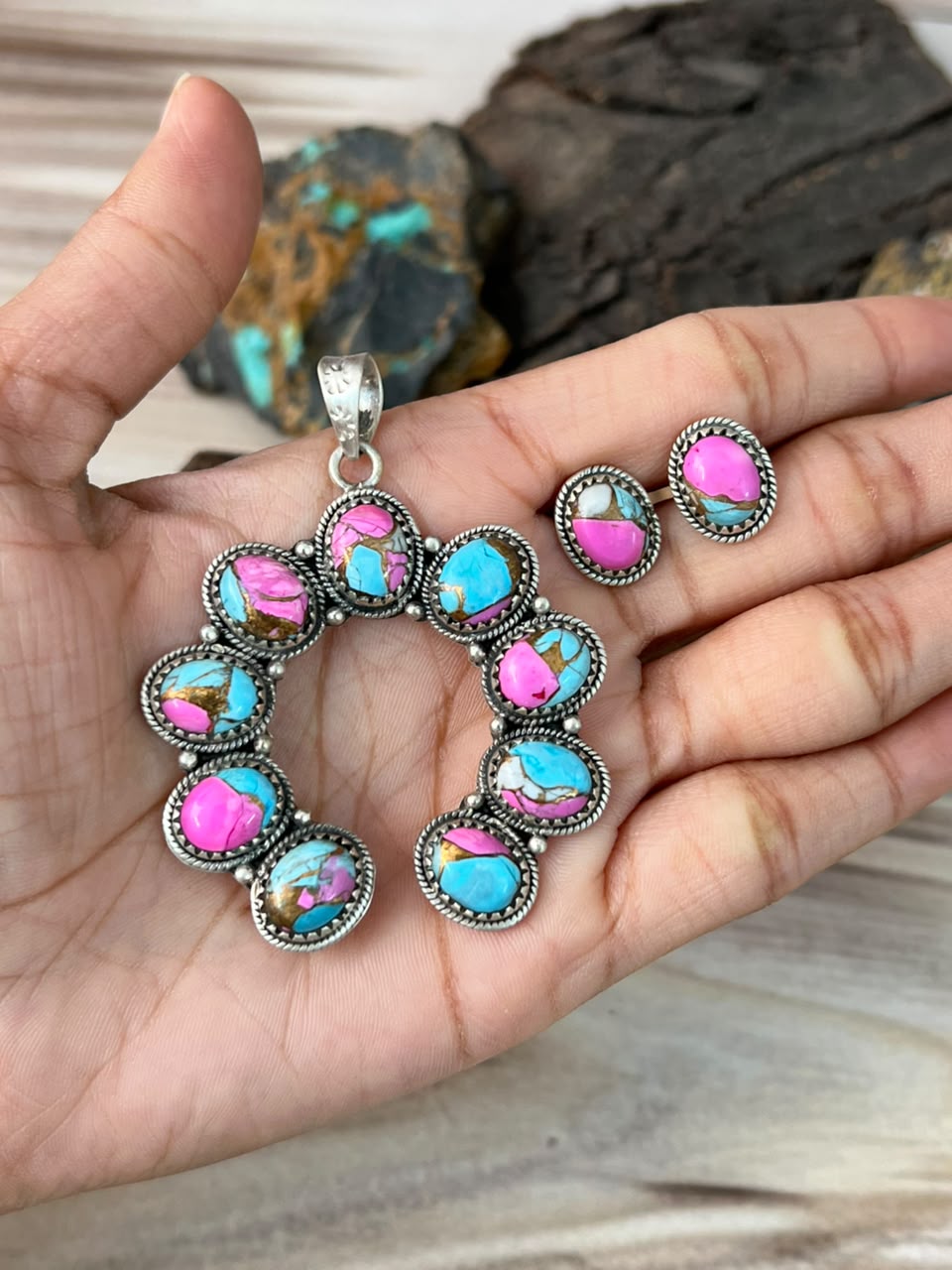 Handmade Sterling Silver Cotton Candy Earrings and Naja Pendant Set Signed Nizhoni