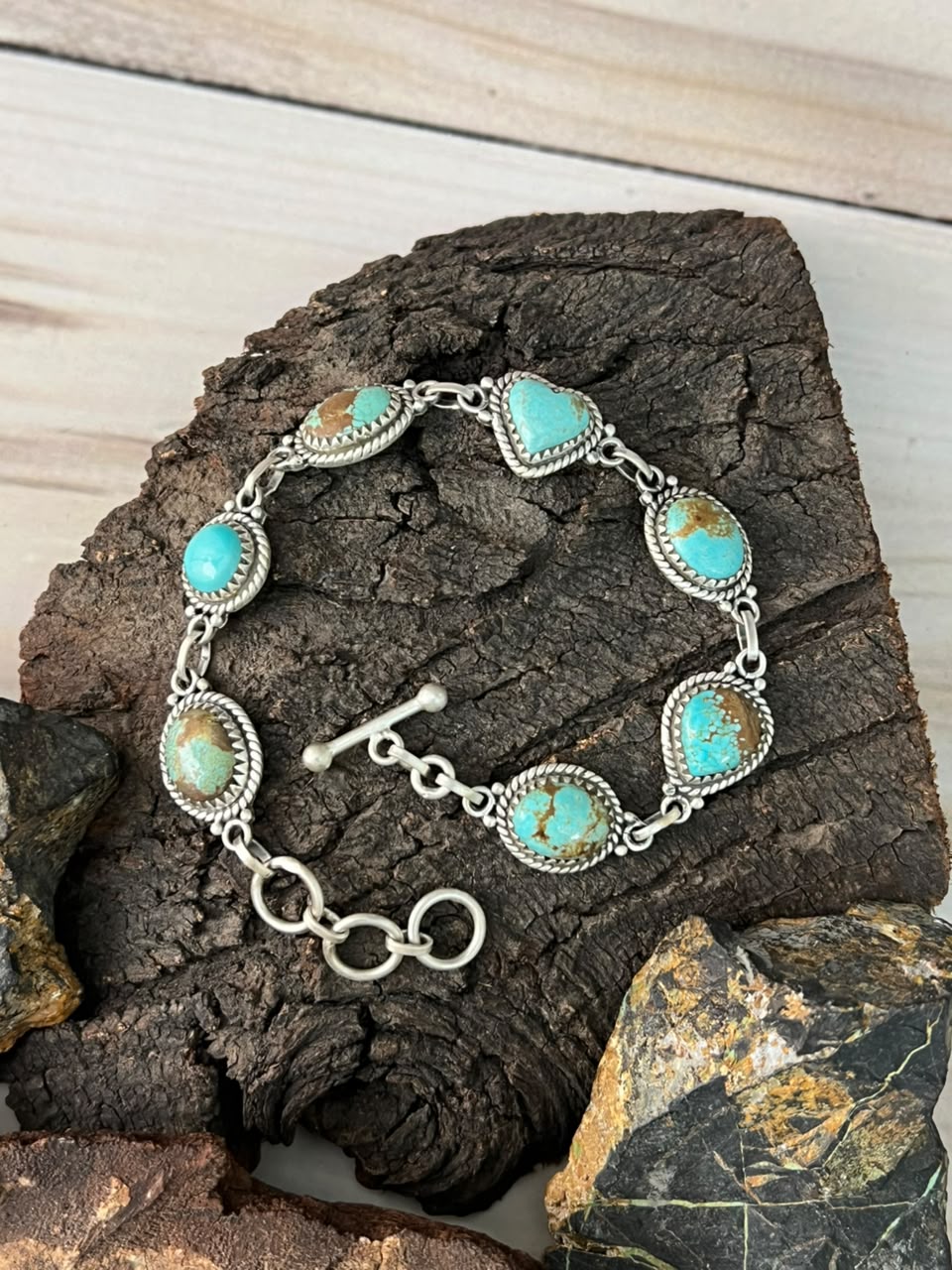 Handmade Sterling Silver Number 8 Turquoise Chain Bracelet Signed Nizhoni
