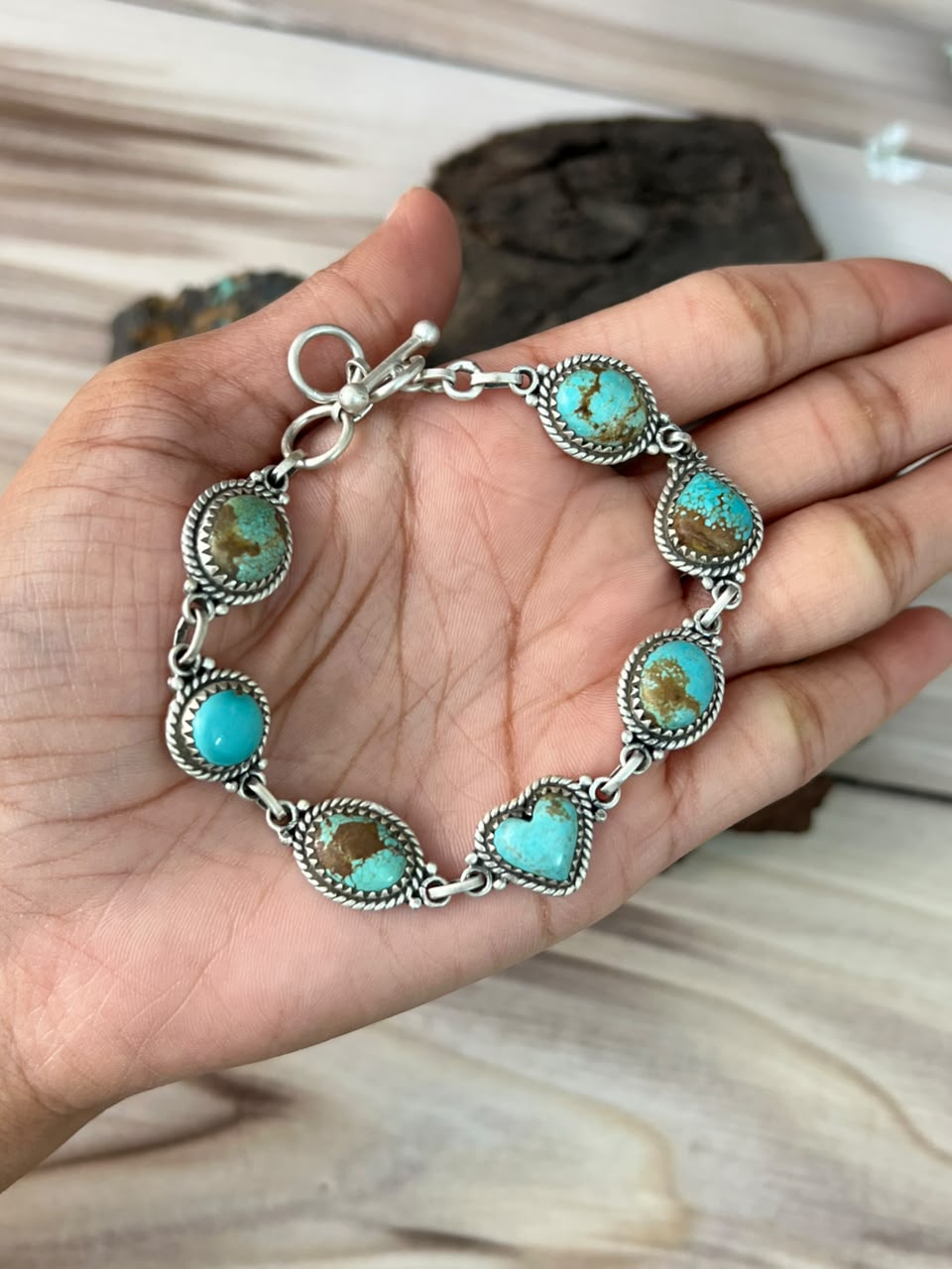 Handmade Sterling Silver Number 8 Turquoise Chain Bracelet Signed Nizhoni