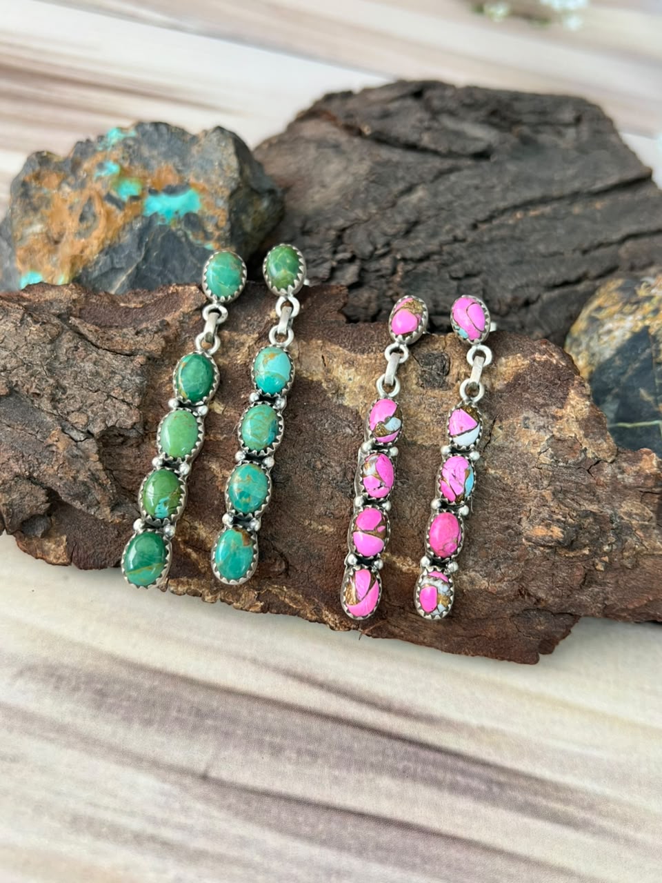 Handmade Sterling Silver Kingman Turquoise with Cotton Candy Post Dangle Earrings Signed Nizhoni