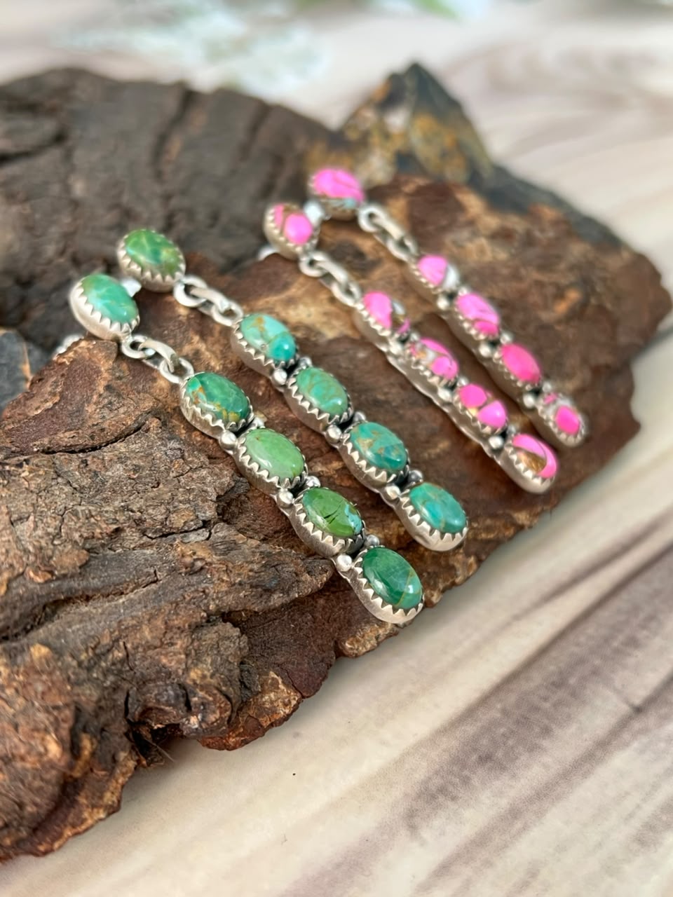 Handmade Sterling Silver Kingman Turquoise with Cotton Candy Post Dangle Earrings Signed Nizhoni