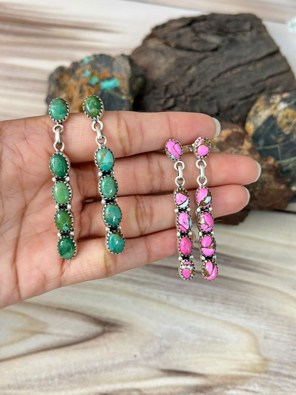 Handmade Sterling Silver Kingman Turquoise with Cotton Candy Post Dangle Earrings Signed Nizhoni
