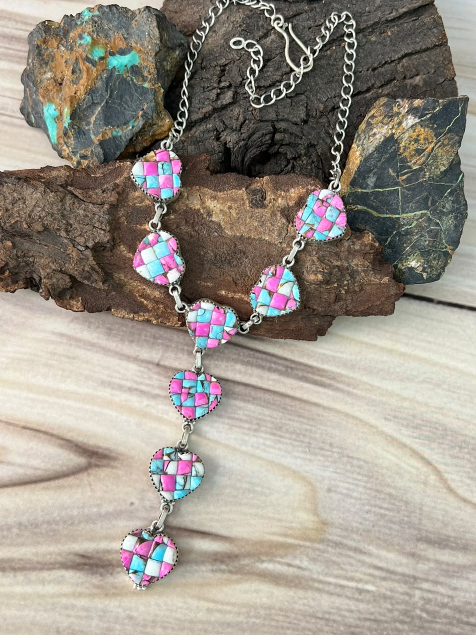 Handmade Sterling Silver Cotton Candy Cobble Stone Heart Choker Necklace Signed Nizhoni
