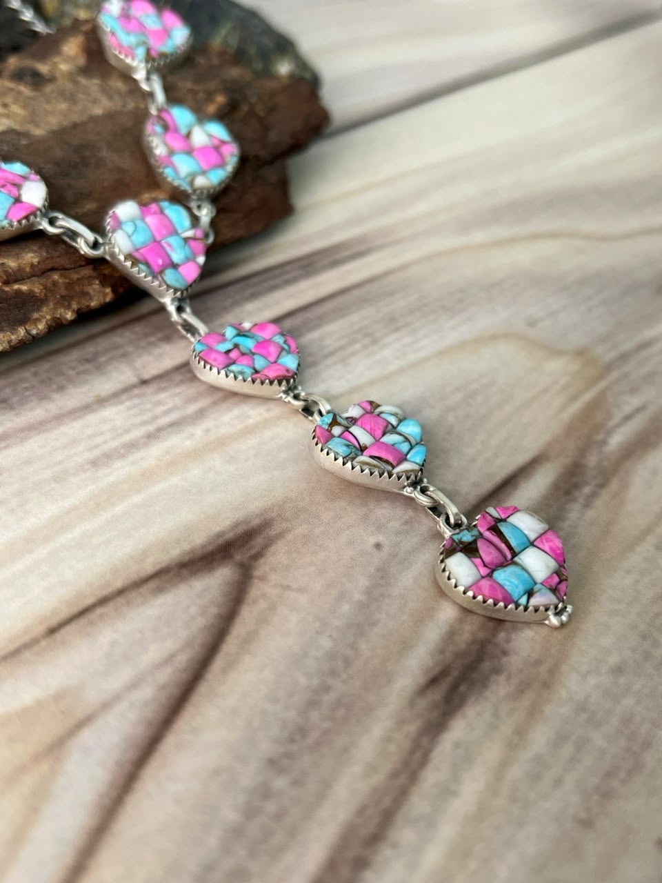 Handmade Sterling Silver Cotton Candy Cobble Stone Heart Choker Necklace Signed Nizhoni