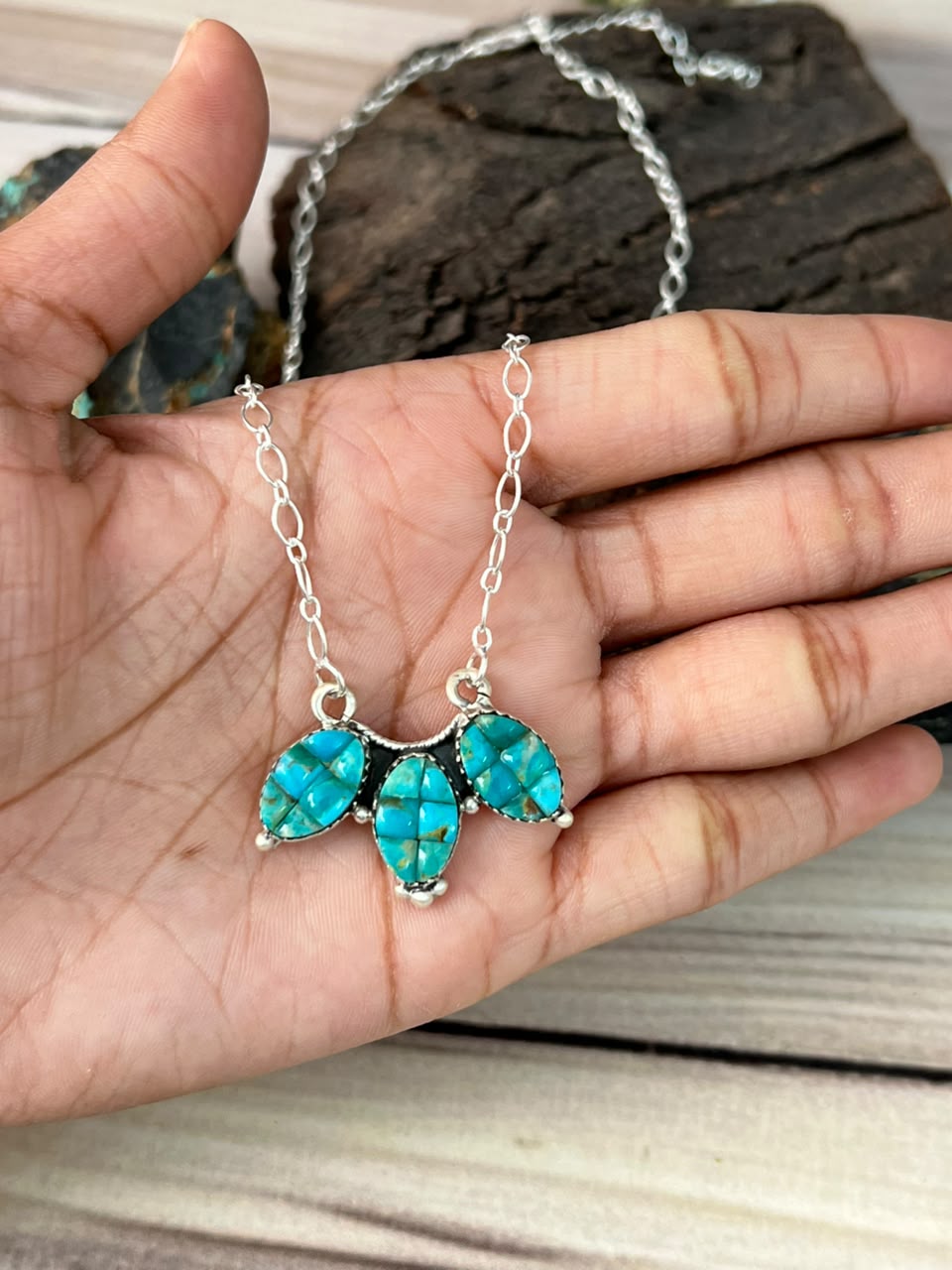 Handmade Sterling Silver Kingman Turquoise Cobble Stone Necklace Signed Nizhoni