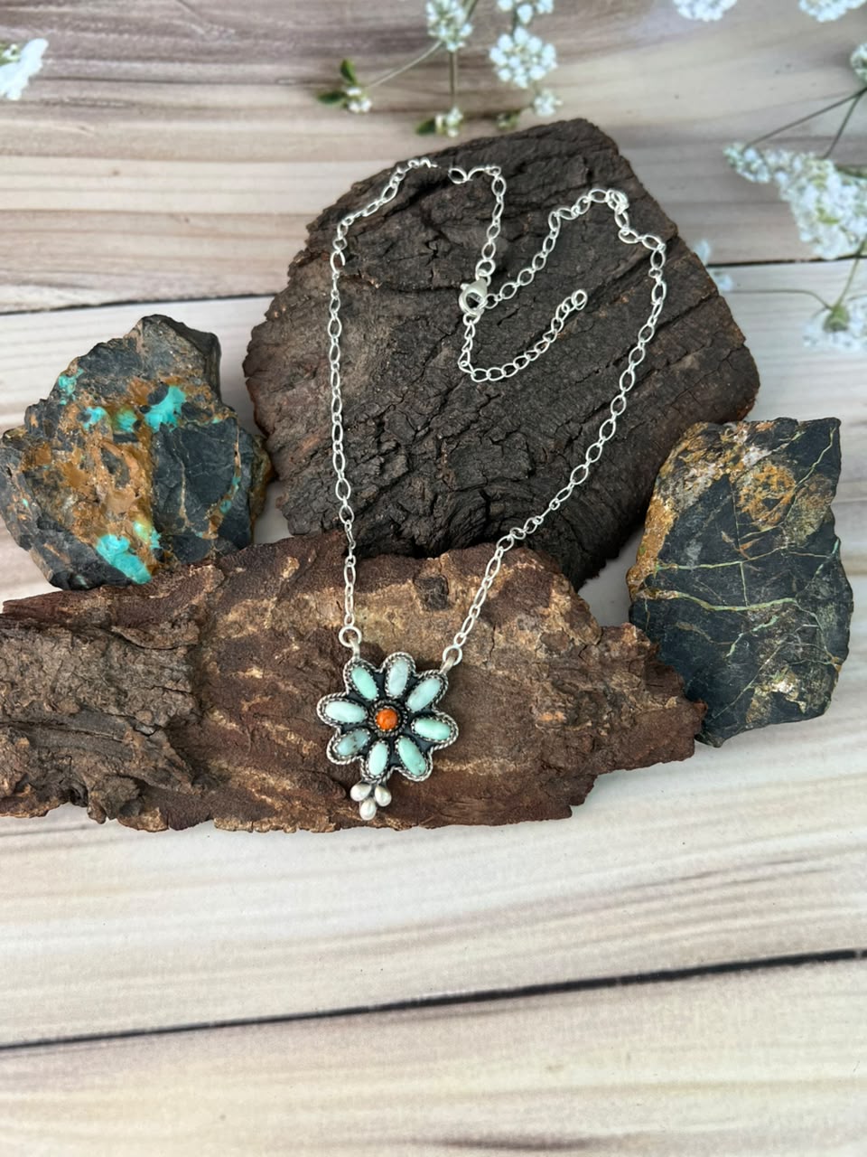 Handmade Sterling Silver Paloma Turquoise with Orange Mojave Necklace Signed Nizhoni
