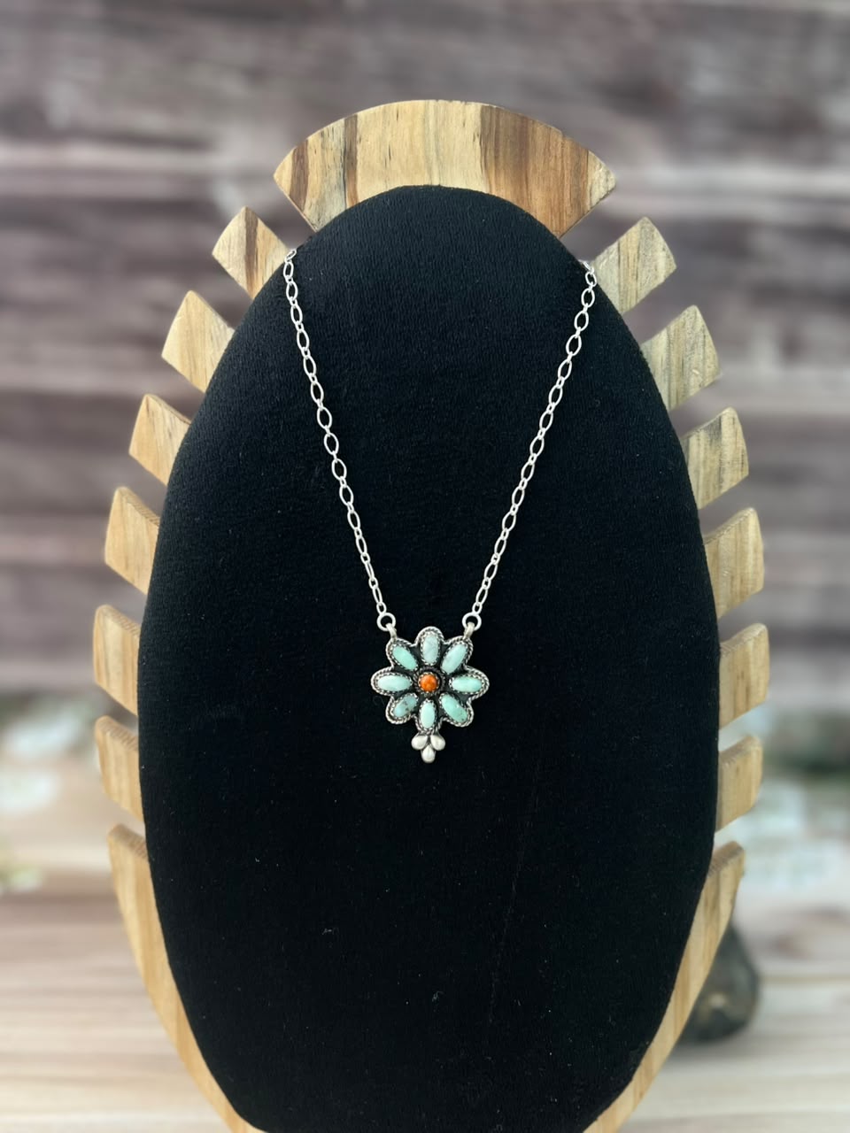 Handmade Sterling Silver Paloma Turquoise with Orange Mojave Necklace Signed Nizhoni