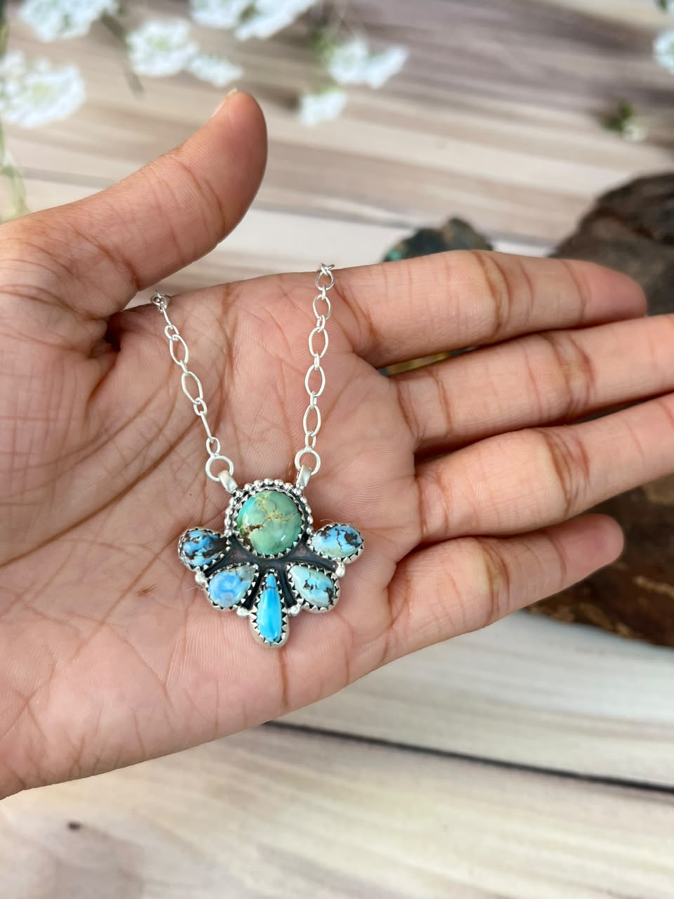 Handmade Sterling Silver Sonoran Mountain with Golden Hills Turquoise Necklace Signed Nizhoni (8)