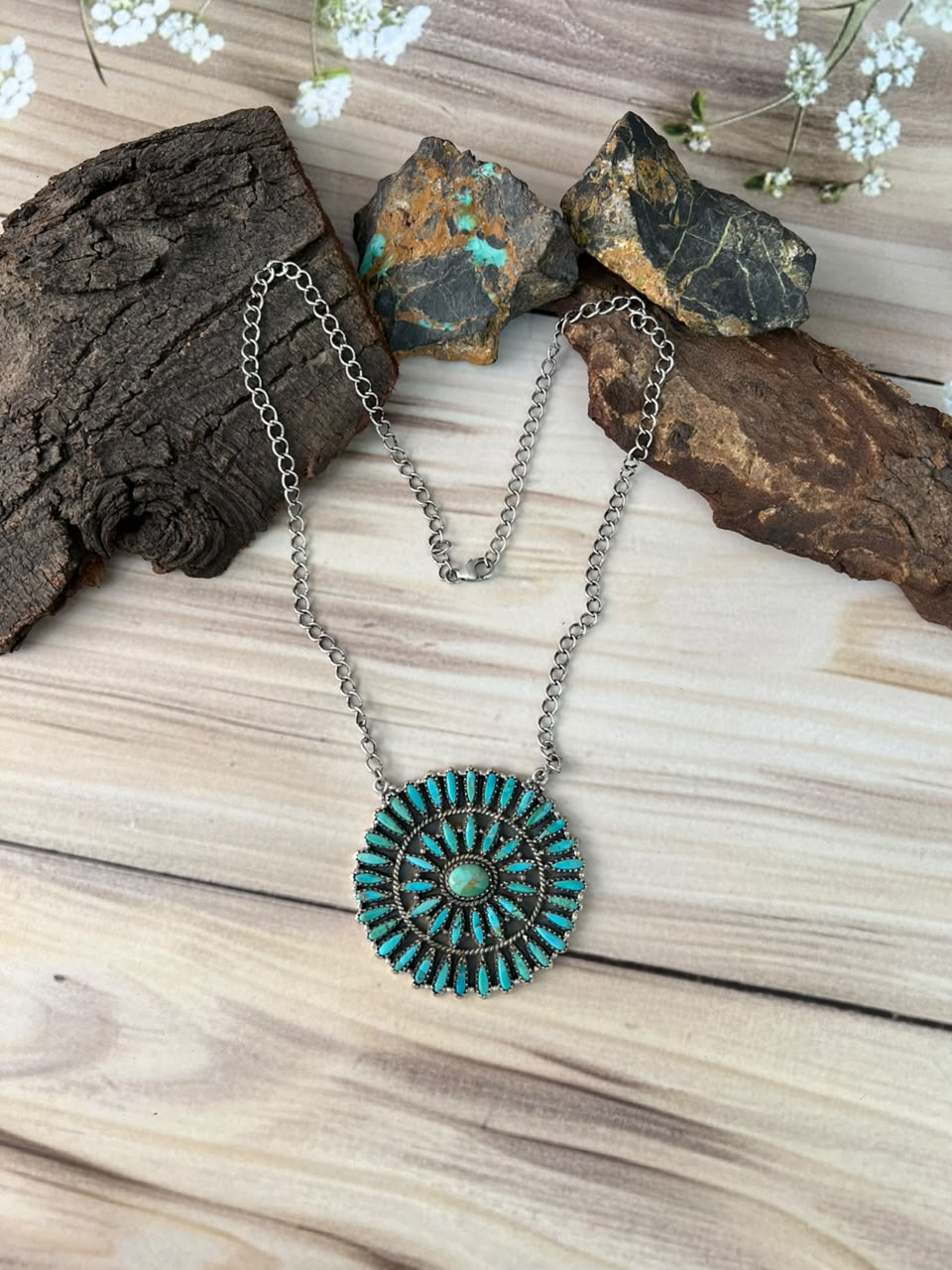 Handmade Sterling Silver Kingman Turquoise Necklace Signed Nizhoni