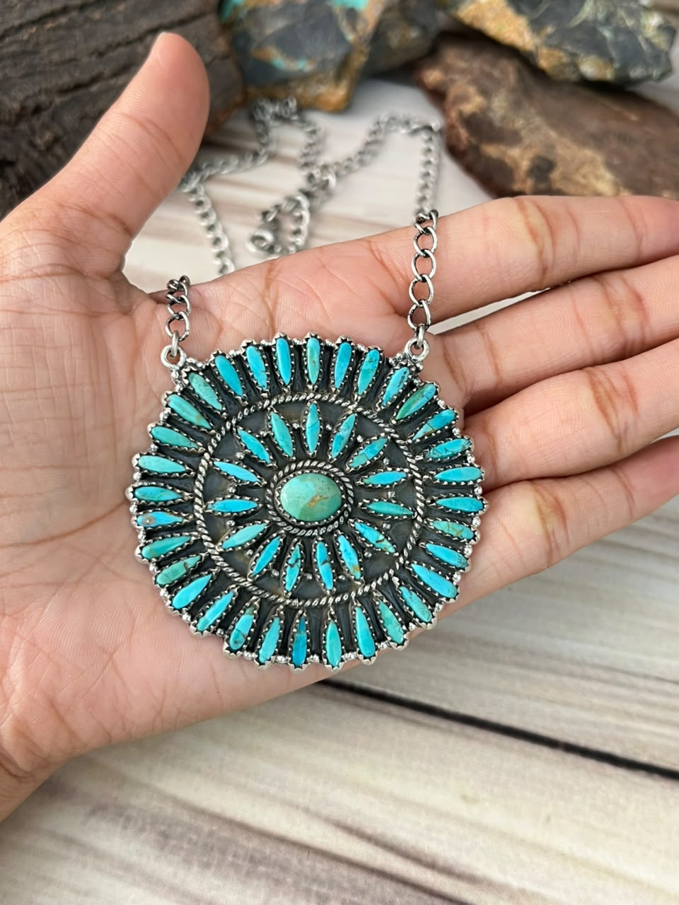 Handmade Sterling Silver Kingman Turquoise Necklace Signed Nizhoni