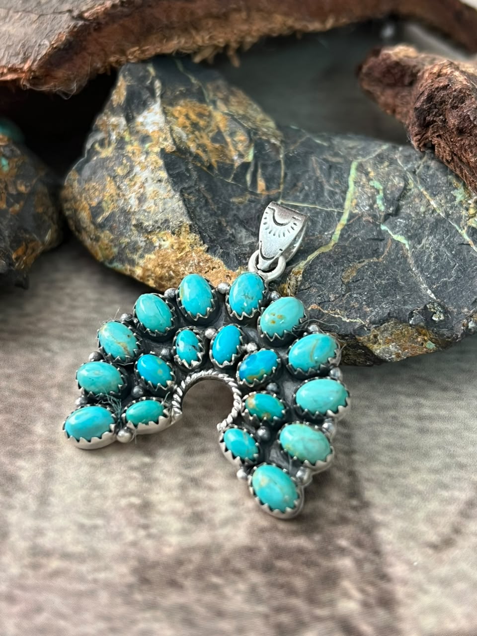 Handmade Sterling Silver Kingman Turquoise Naja Pendant Signed Nizhoni