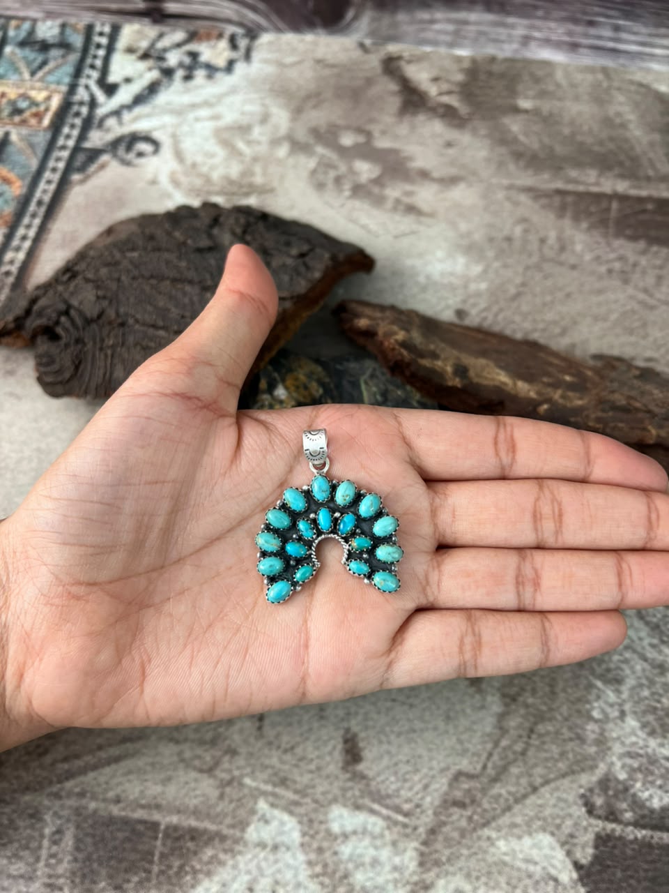 Handmade Sterling Silver Kingman Turquoise Naja Pendant Signed Nizhoni
