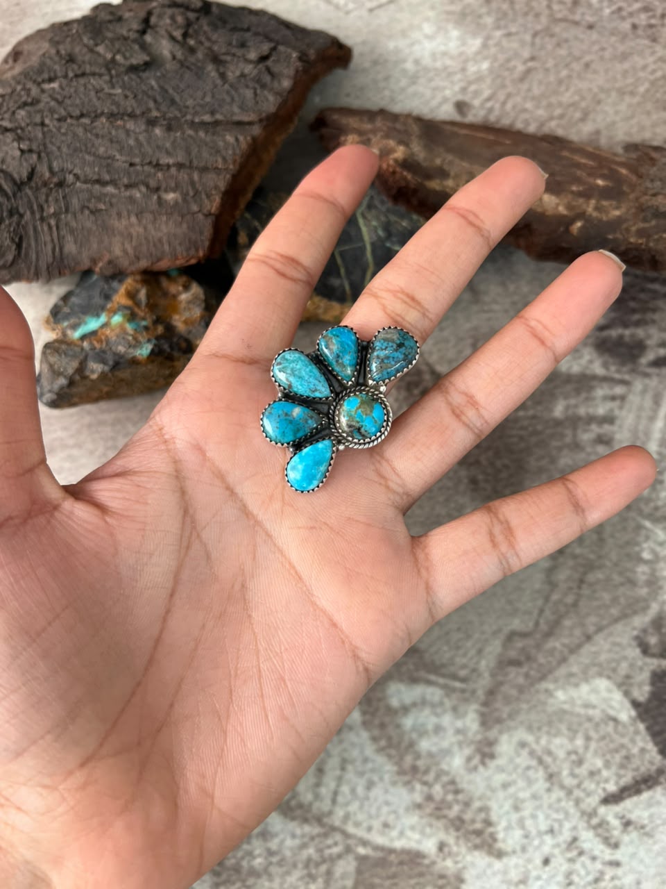 Handmade Sterling Silver Ithaca Peak Turquoise Adjustable Ring Signed Nizhoni