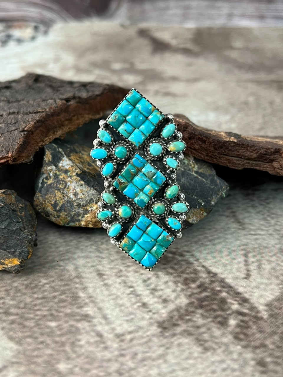 Handmade Sterling Silver Kingman Turquoise Cobble Stone Adjustable Ring Signed Nizhoni (6)