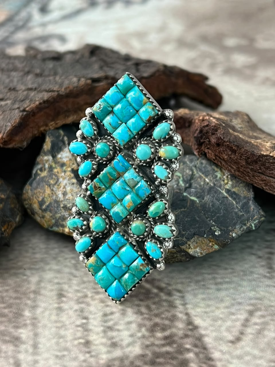 Handmade Sterling Silver Kingman Turquoise Cobble Stone Adjustable Ring Signed Nizhoni (6)