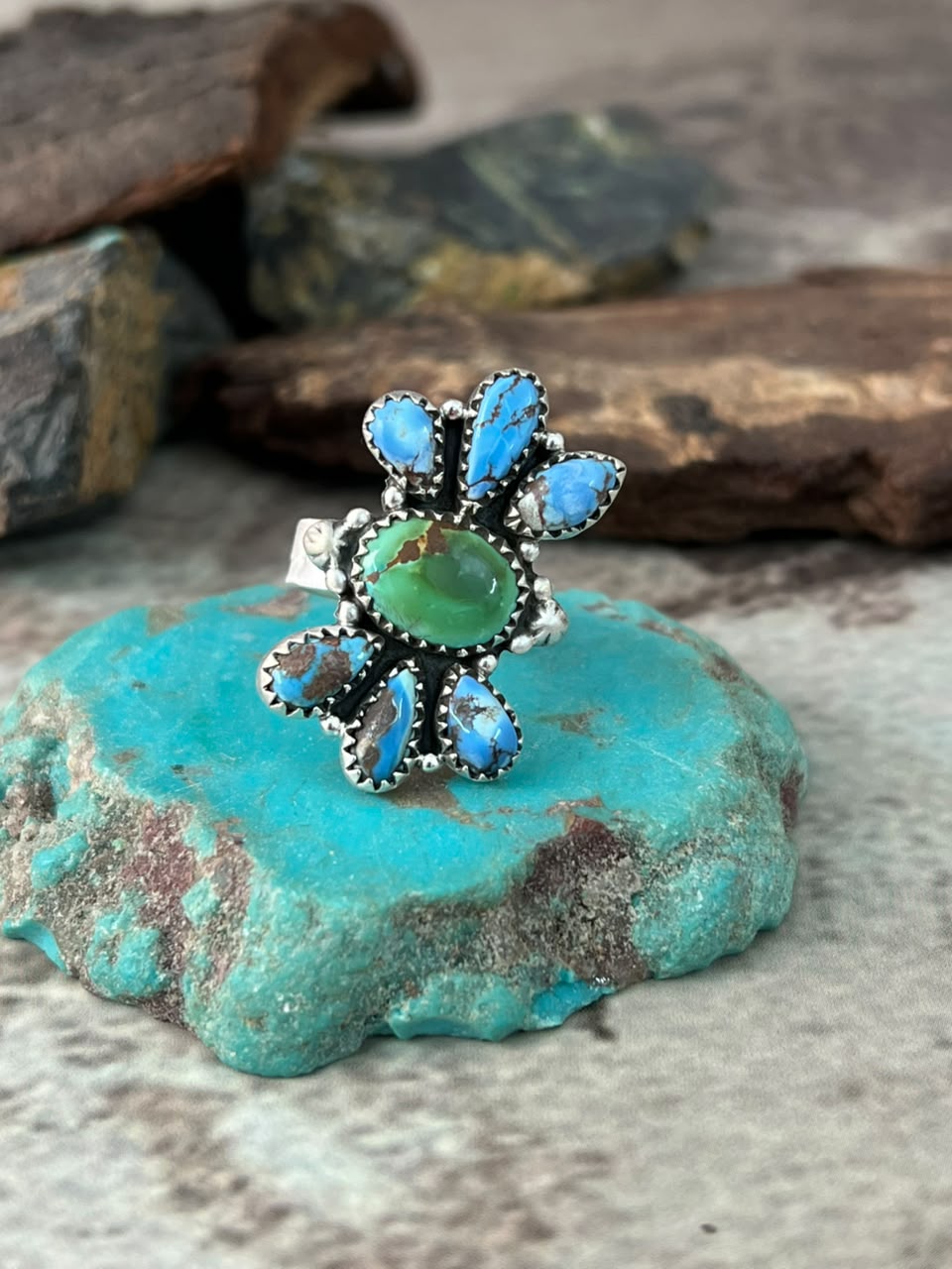 Handmade Sterling Silver Sonoran Mountain with Golden Hills Turquoise Adjustable Ring Signed Nizhoni