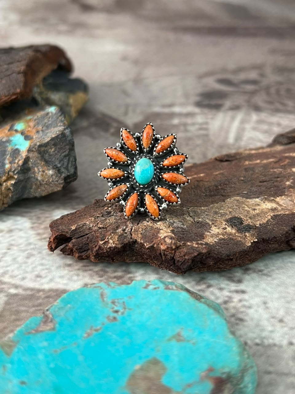 Handmade Sterling Silver Kingman Turquoise with Orange Mojave Adjustable Ring Signed Nizhoni