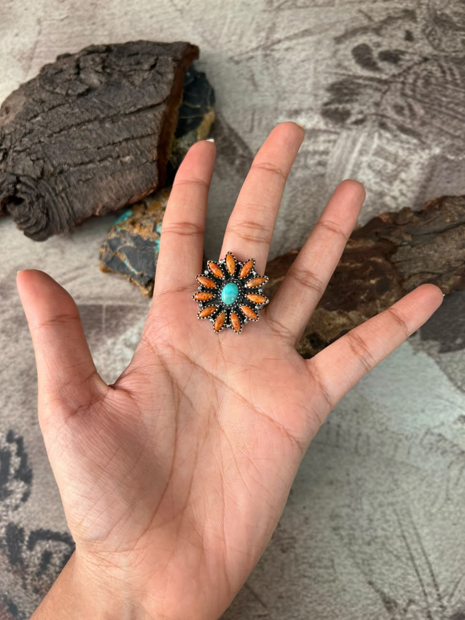 Handmade Sterling Silver Kingman Turquoise with Orange Mojave Adjustable Ring Signed Nizhoni