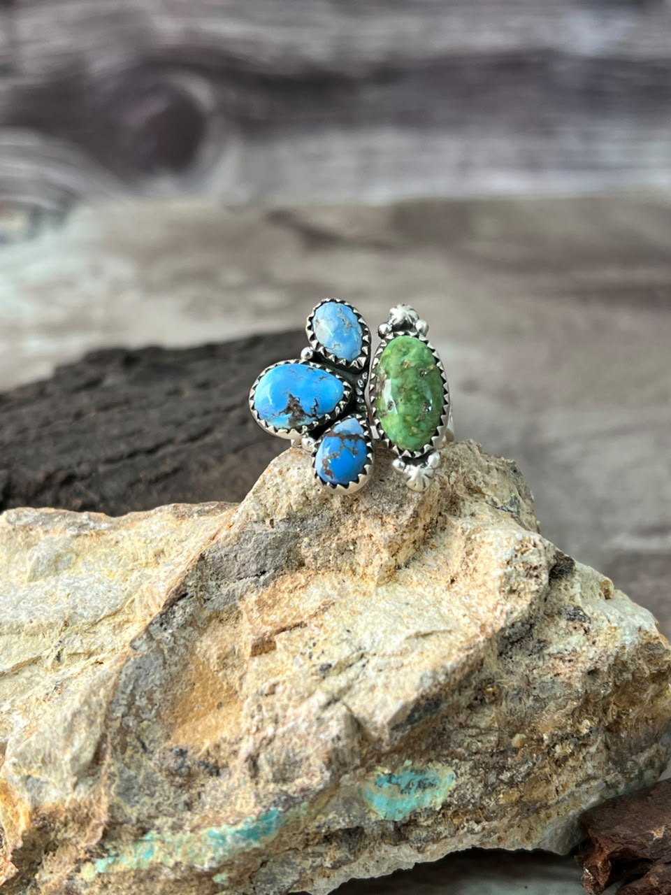 Handmade Sterling Silver Sonoran Mountain with Golden Hills Turquoise Adjustable Ring Signed Nizhoni