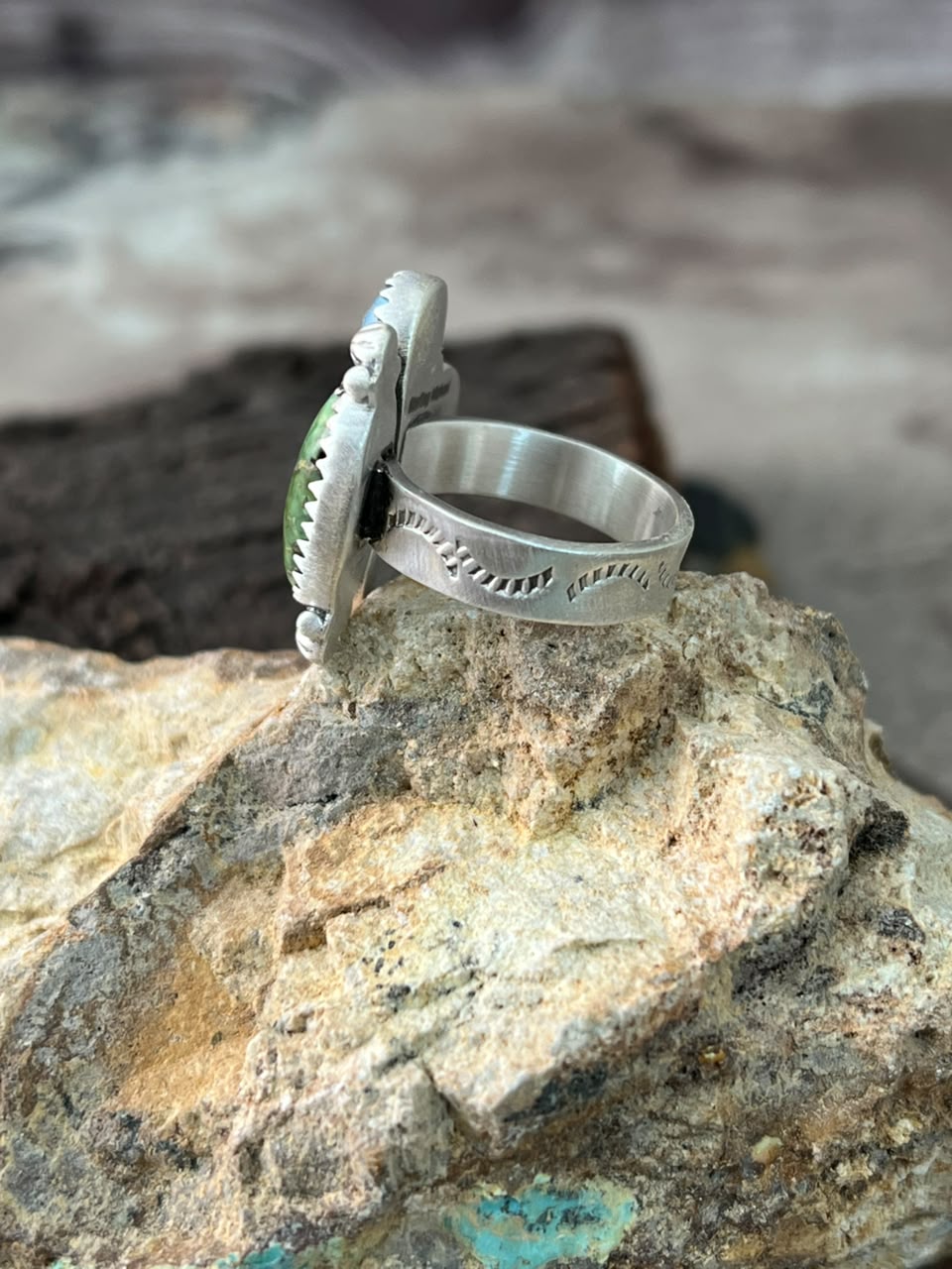 Handmade Sterling Silver Sonoran Mountain with Golden Hills Turquoise Adjustable Ring Signed Nizhoni