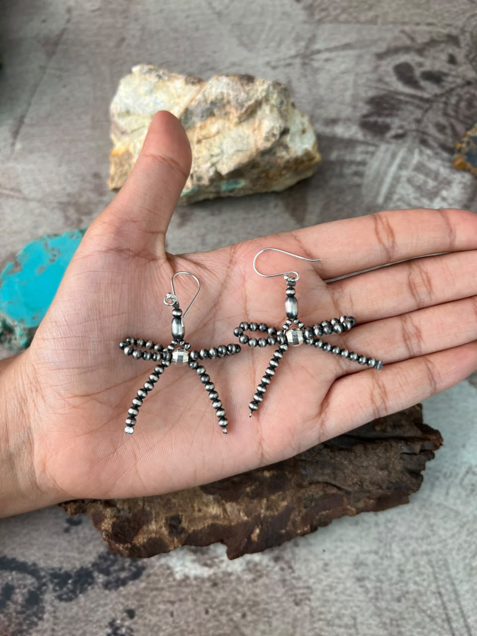 Handmade Sterling Silver Hook Dangle Bow Beaded Earrings