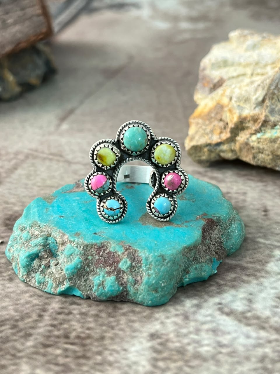 Handmade Sterling Silver Carico Lake with Cotton Candy and Palomino Turquoise Naja Adjustable Ring Signed Nizhoni
