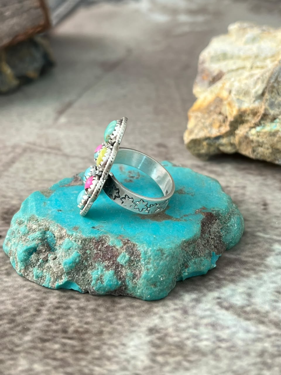 Handmade Sterling Silver Carico Lake with Cotton Candy and Palomino Turquoise Naja Adjustable Ring Signed Nizhoni