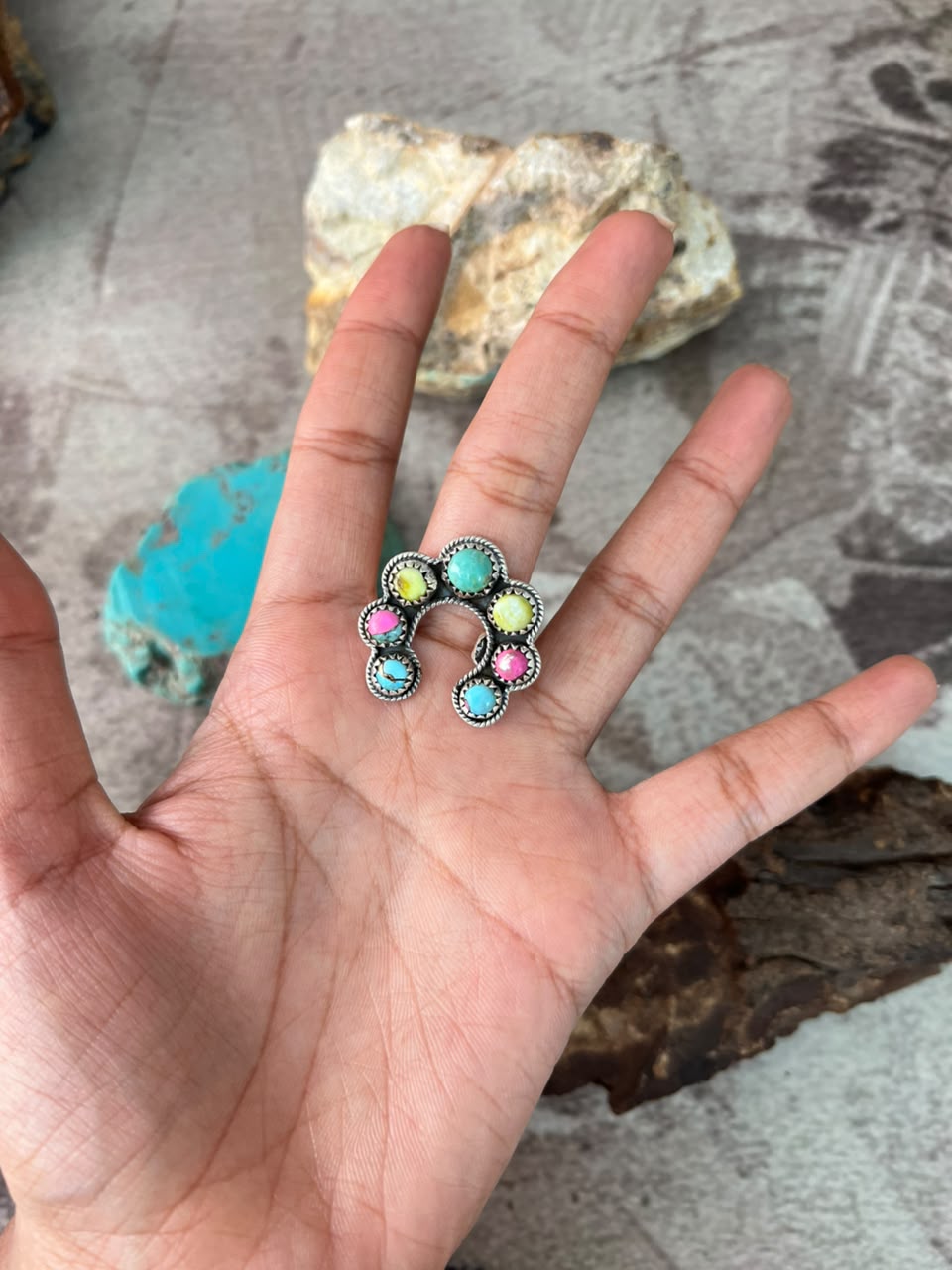 Handmade Sterling Silver Carico Lake with Cotton Candy and Palomino Turquoise Naja Adjustable Ring Signed Nizhoni