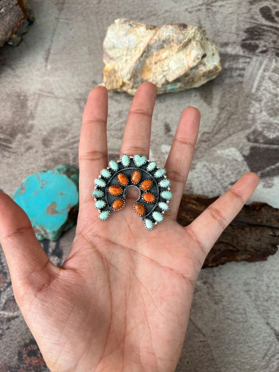 Handmade Sterling Silver Paloma Turquoise with Orange Mojave Adjustable Ring Signed Nizhoni