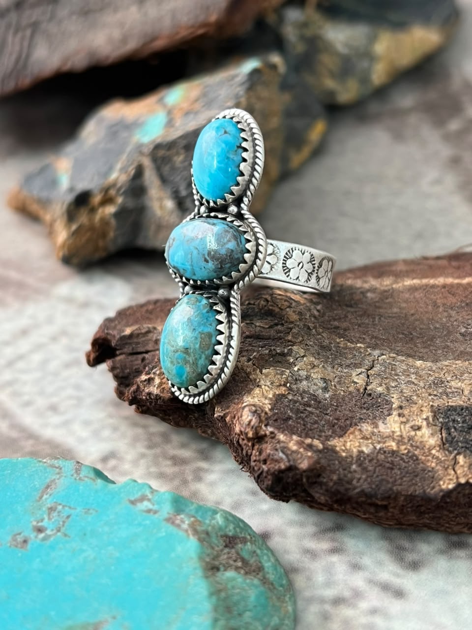 Handmade Sterling Silver Ithaca Peak Turquoise Adjustable Ring Signed Nizhoni