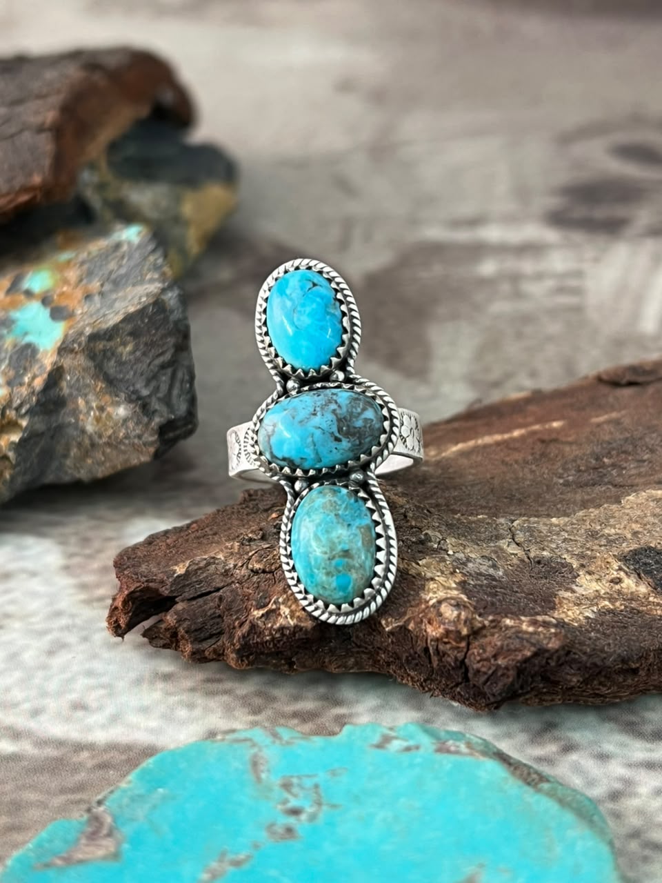 Handmade Sterling Silver Ithaca Peak Turquoise Adjustable Ring Signed Nizhoni