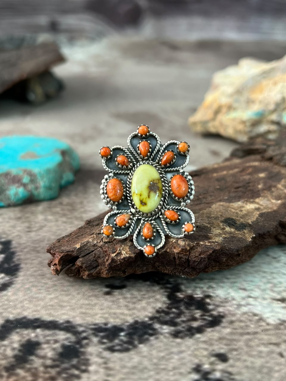 Handmade Sterling Silver Orange Mojave with Palomino Turquoise Adjustable Ring Signed Nizhoni